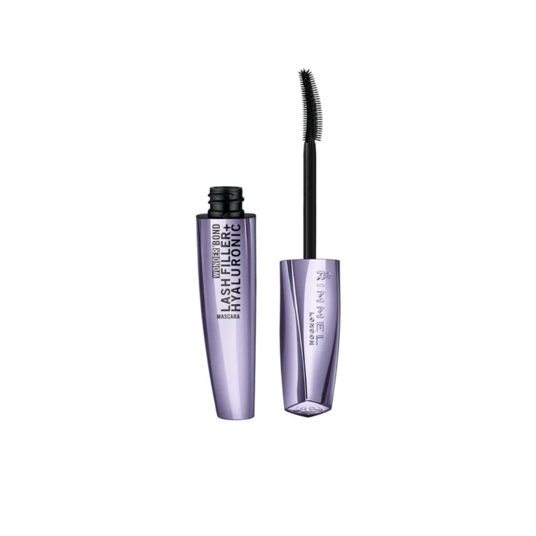 Rimmel Wonder'Bond Lash Filler + Hyaluronic Mascara 002 Brown with cap removed on a white background