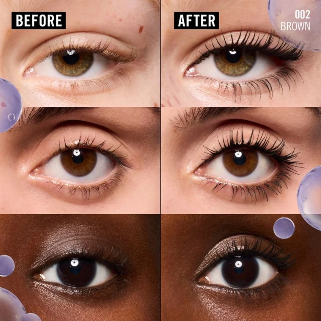 Rimmel Wonder'Bond Lash Filler + Hyaluronic Mascara 002 Brown before and after images on different skin tones