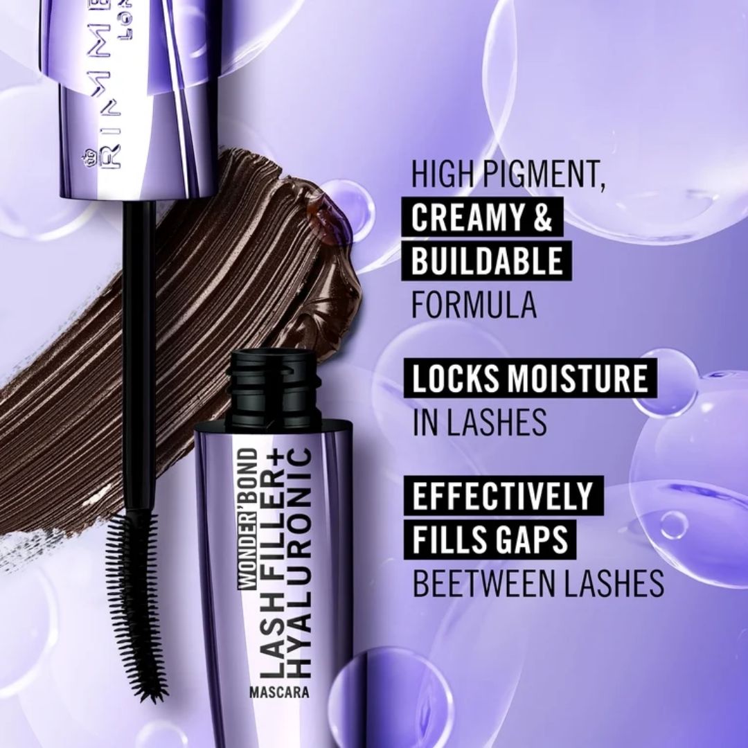 Rimmel Wonder'Bond Lash Filler + Hyaluronic Mascara 002 Brown informative graphic on a purple background