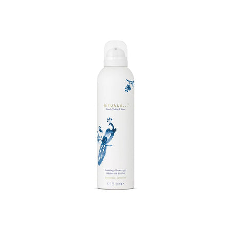 White shower gel bottle with blue design on a white background