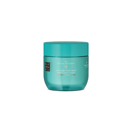 A teal-colored jar of Rite of Karma Overnight Body Mask on a solid white background.