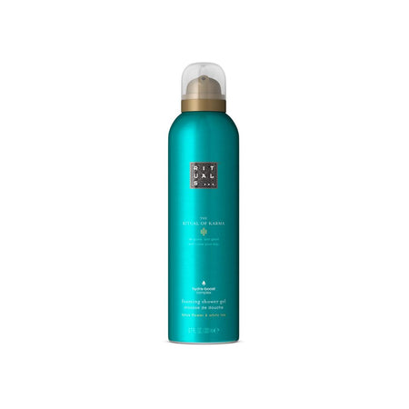 A turquoise blue bottle of Rituals The Ritual of Aromas body wash, featuring a clear cap with a gold collar and white text, set against a plain white background.