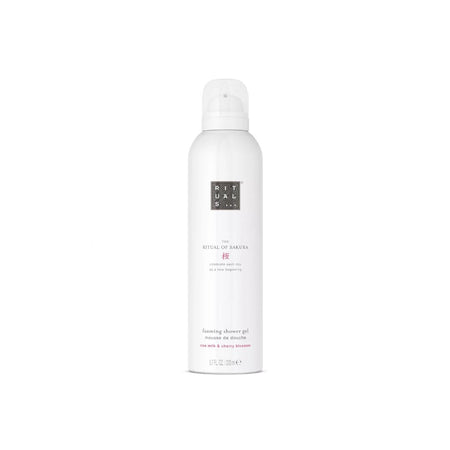 A white aerosol can of Rituals The Ritual of Sandals Be showering shower gel, centered on a solid white background.