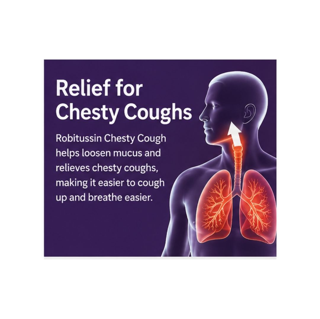 Robitussin Chesty Cough 100mg/5ml Oral Solution 'Relief for chesty coughs' graphic on a navy blue background