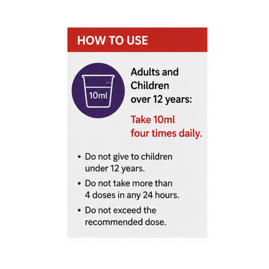 Robitussin Chesty Cough 100mg/5ml Oral Solution 'HOW TO USE' graphic on a grey background