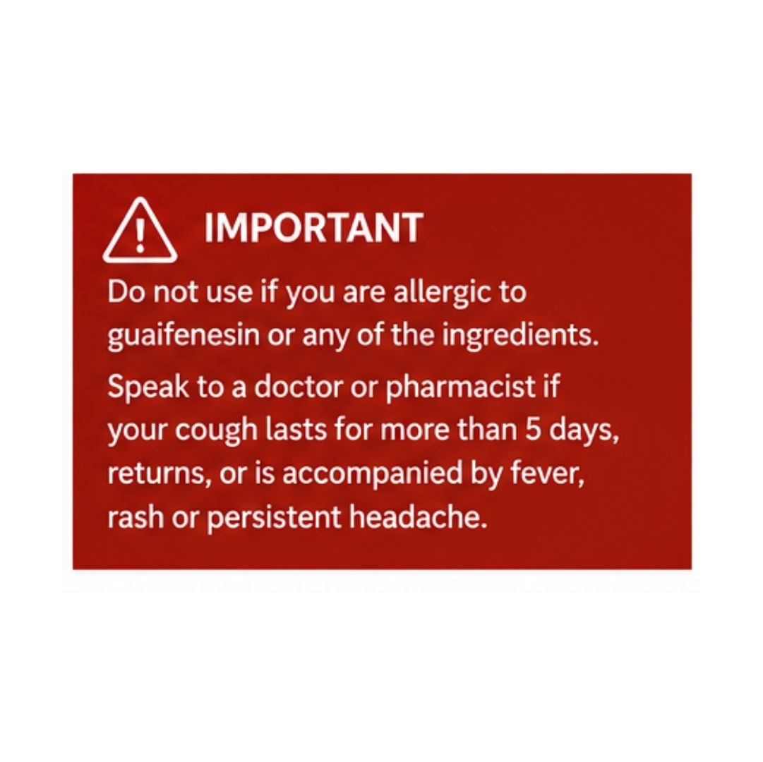Robitussin Chesty Cough 100mg/5ml Oral Solution 'IMPORTANT' informative graphic on a red background