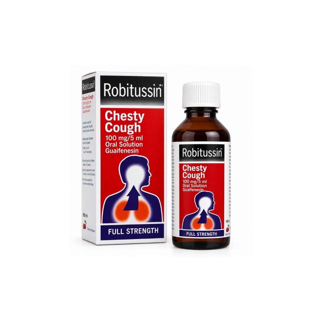Robitussin Chesty Cough 100mg/5ml Oral Solution bottle and packaging on a white background