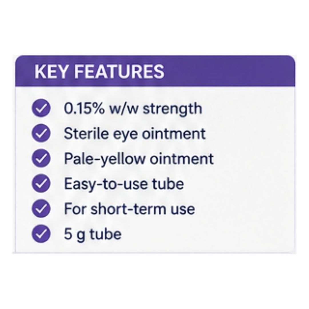 Brolene 0.15% w/w Eye Ointment 'KEY FEATURES' graphic on a white background