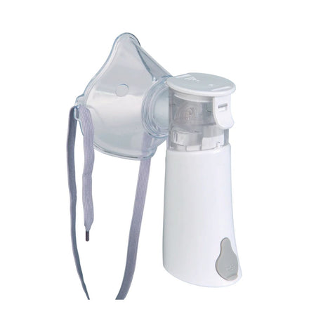 A white and clear nebulizer mask device with gray straps, shown on a plain white background.