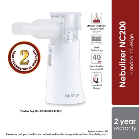 A white Rossmax Nebulizer NC200 handheld nebulizer device shown on a white background with product feature icons and text, including 'Handheld Design' and '2 year warranty'.