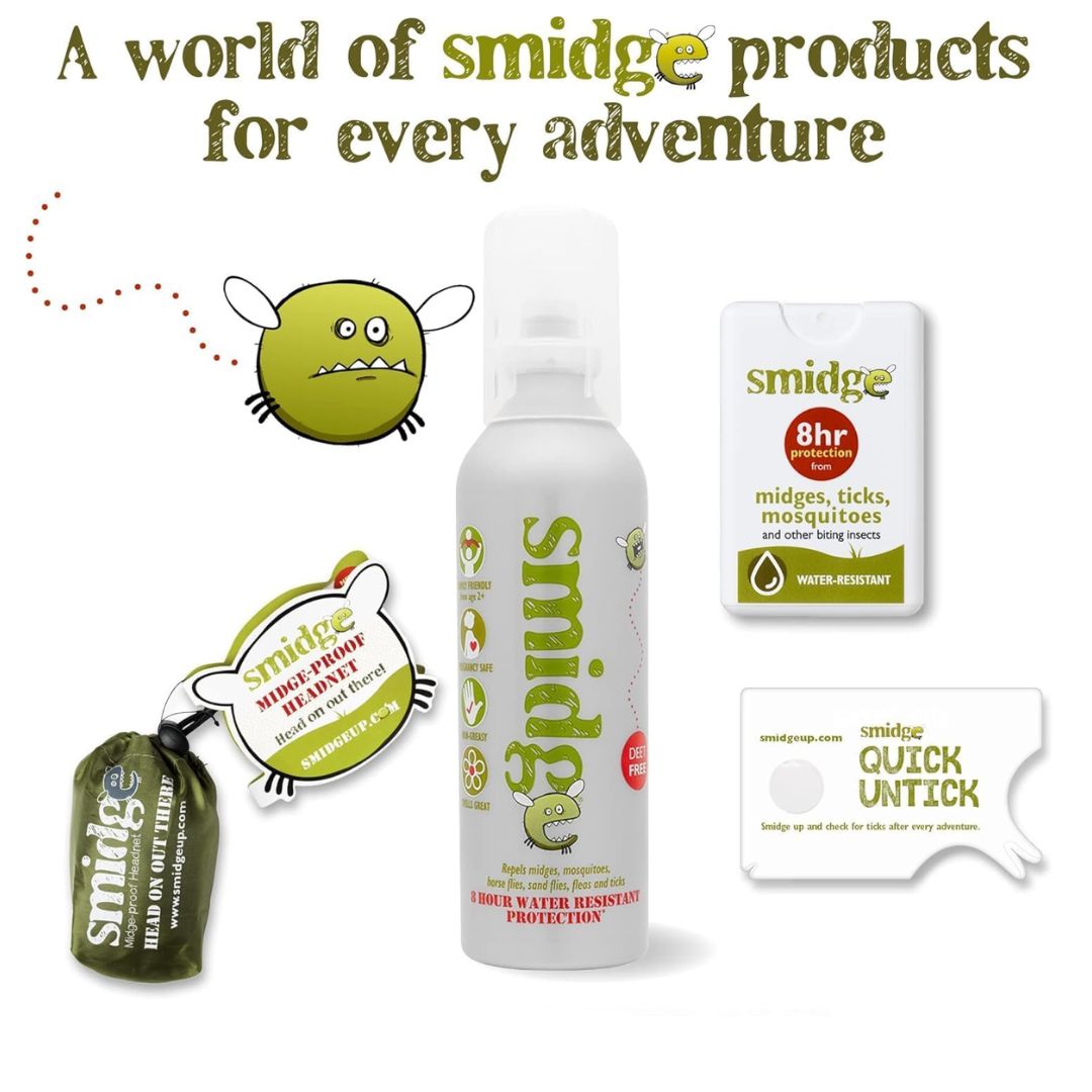 A product bundle from Smidge featuring a white 16oz spray bottle of head and body odor protection, an 8-hour insect repellent stick, a quick-ick removal patch, and a green drawstring pouch, arranged on a white background with promotional text and cartoon graphics.