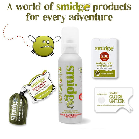 A product bundle from Smidge featuring a white 16oz spray bottle of head and body odor protection, an 8-hour insect repellent stick, a quick-ick removal patch, and a green drawstring pouch, arranged on a white background with promotional text and cartoon graphics.