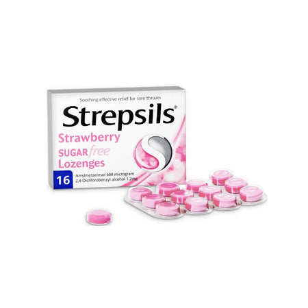 Strepsils strawberry sugar-free lozenges packaging with lozenges on a white background