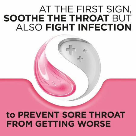 Product packaging with pink and white design on a white background, featuring text about throat soothing and infection fighting.