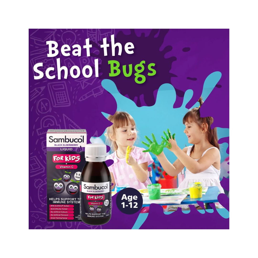 Sambucol Kids Immune Support Liquid 120ml 'beat the school bugs' graphic