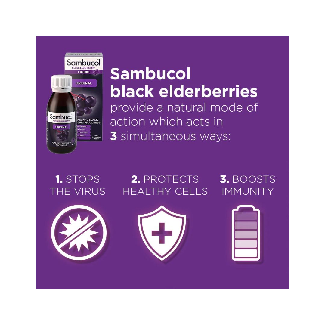 Sambucol Kids Immune Support Liquid 120ml benefits graphic