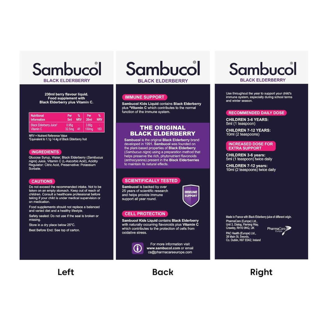 Sambucol Kids Immune Support 230ml packaging left,right and back on a white background