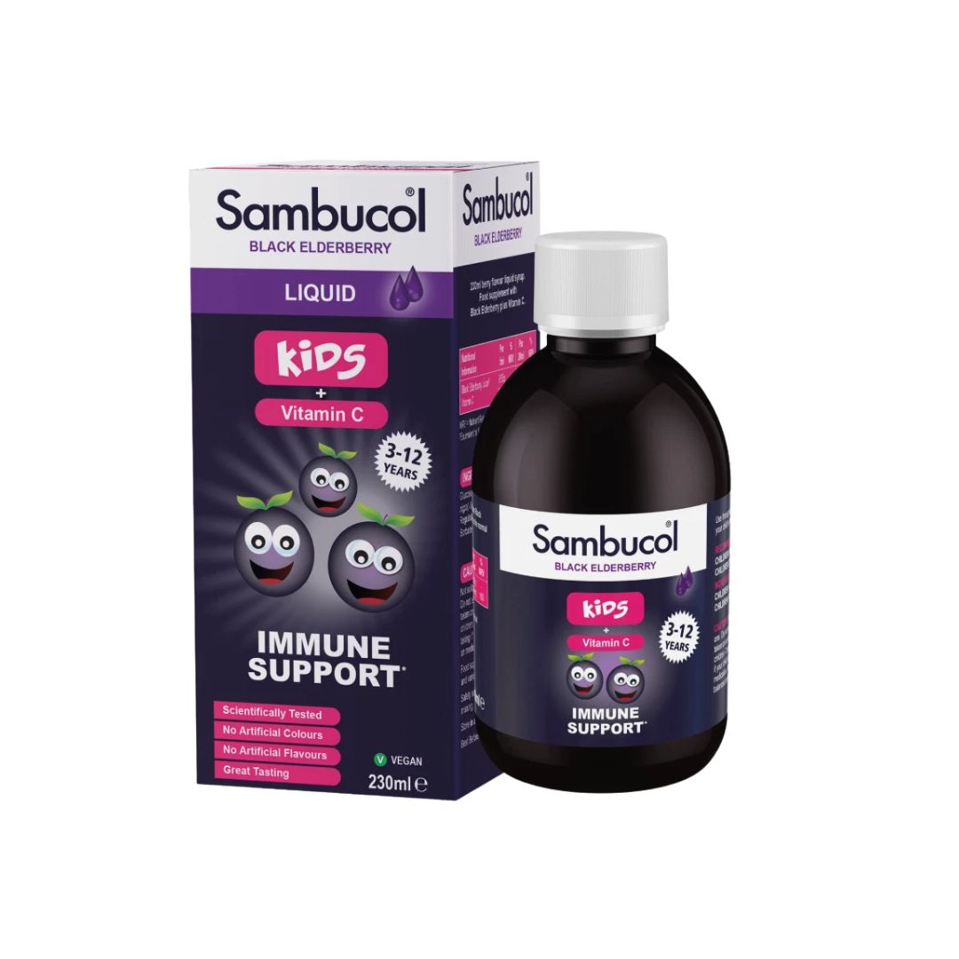 Sambucol Kids Immune Support 230ml container and packaging on a white background