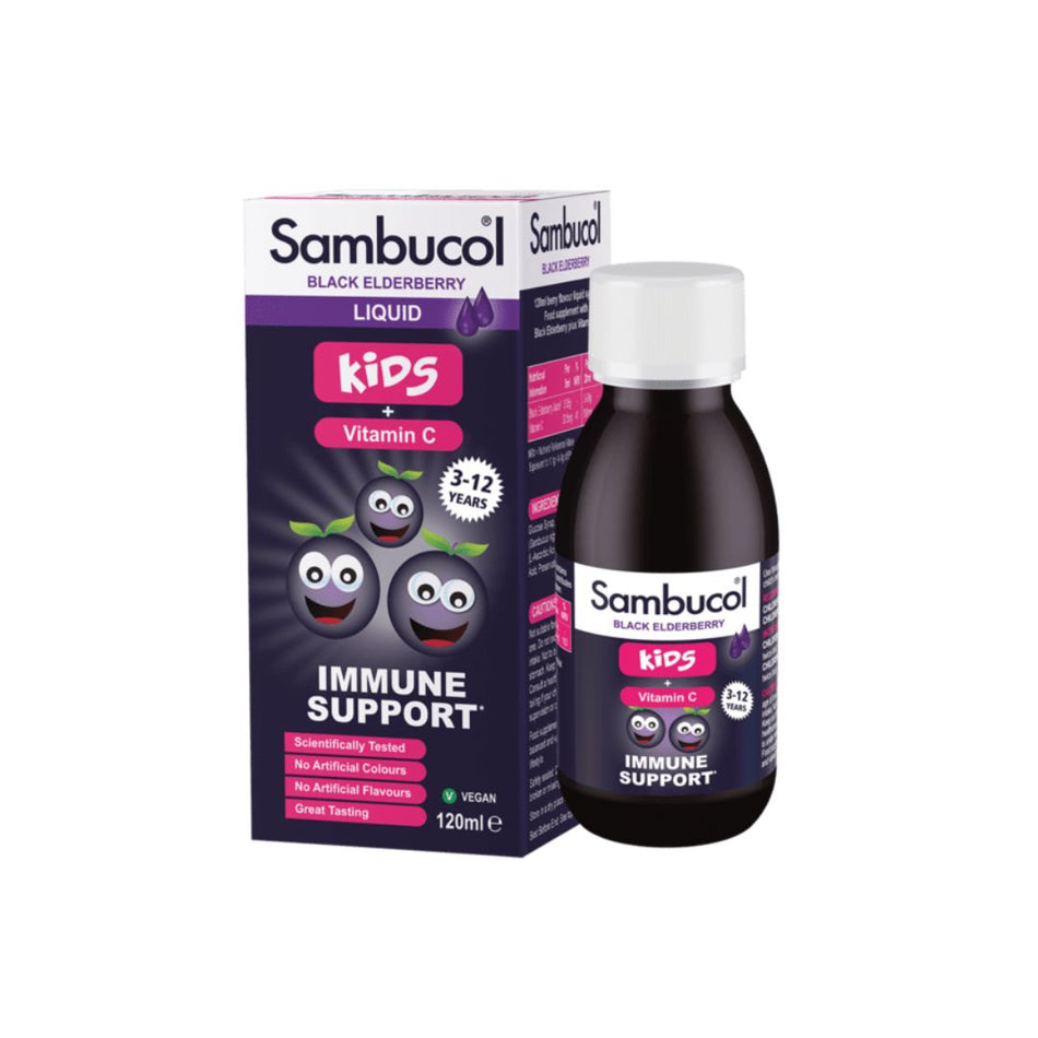 Sambucol Kids Immune Support Liquid 120ml packaging and bottle on a white background