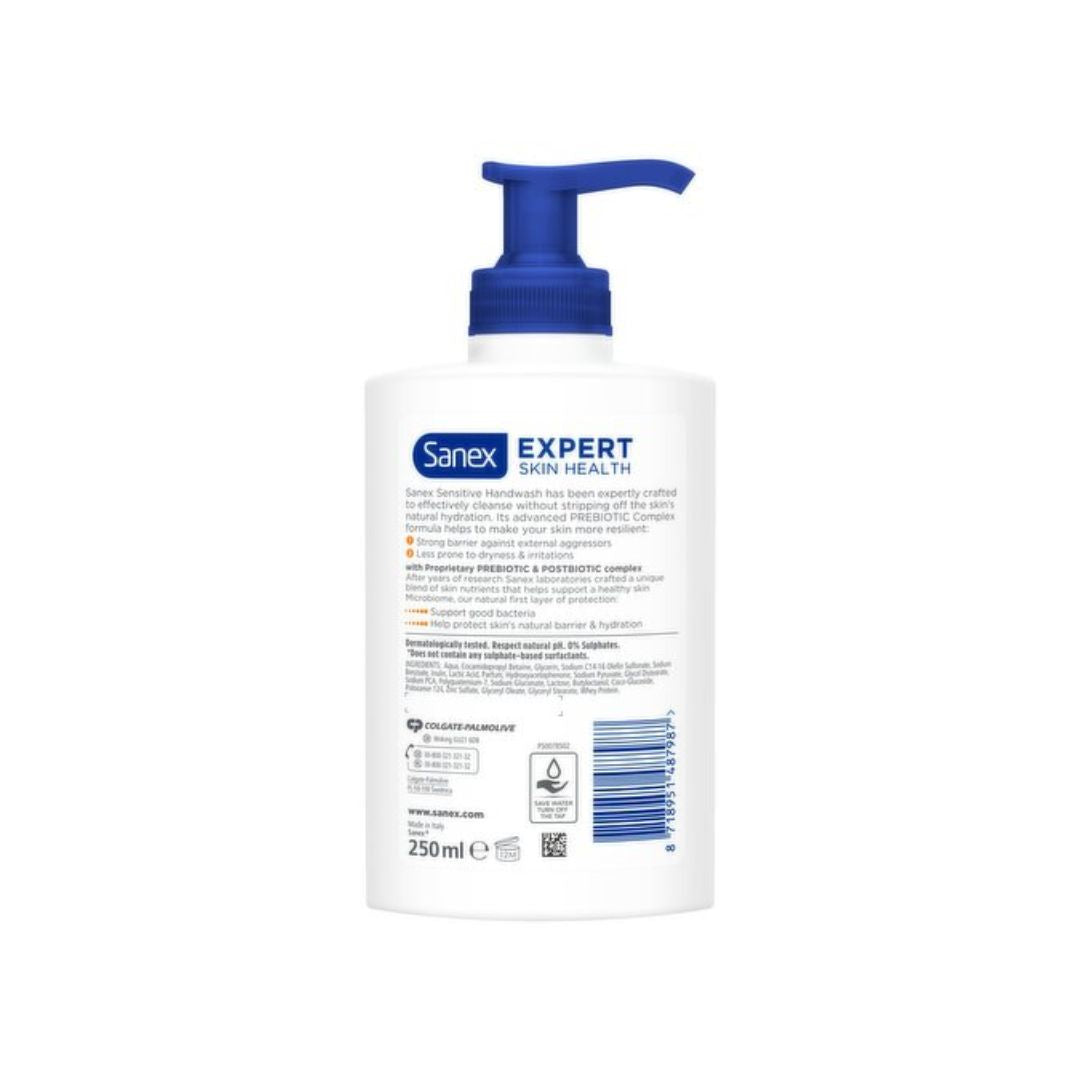 Sanex Expert Skin Health Sensitive Hand Wash 250ml (rear view) on a white background