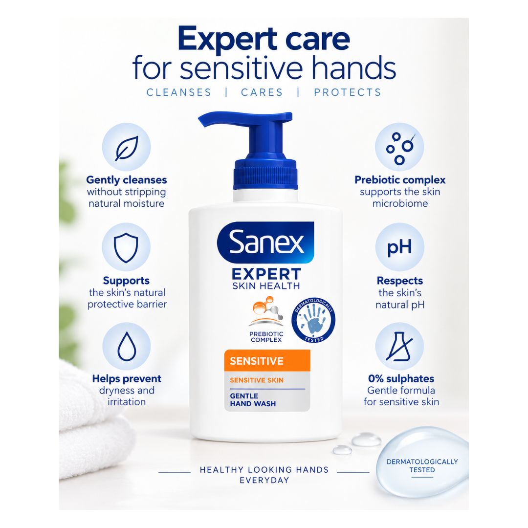 Sanex Expert Skin Health Sensitive Hand Wash 250ml surrounded by product benefits
