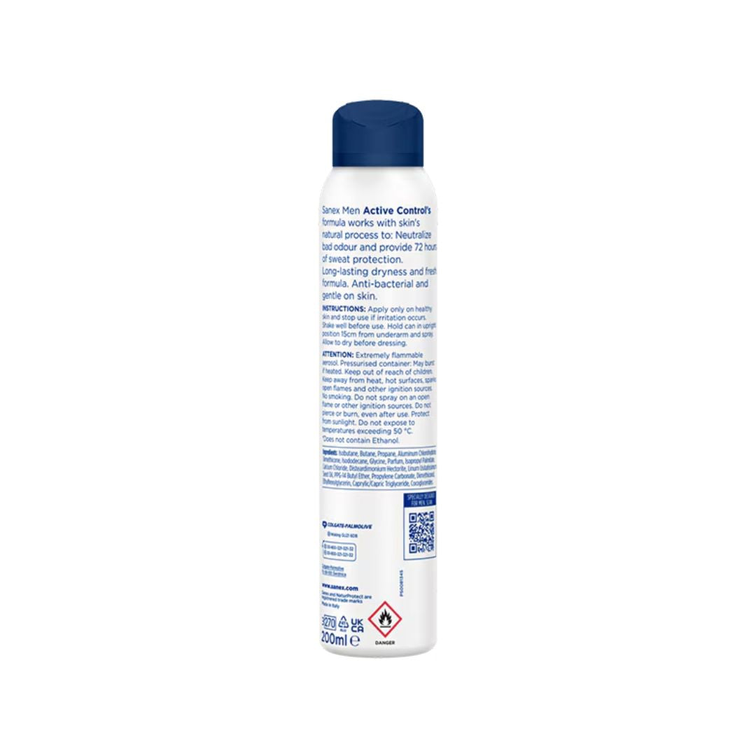 Sanex Men Active Control 72H Anti-Perspirant Aerosol 200ml (rear angle) on a white background