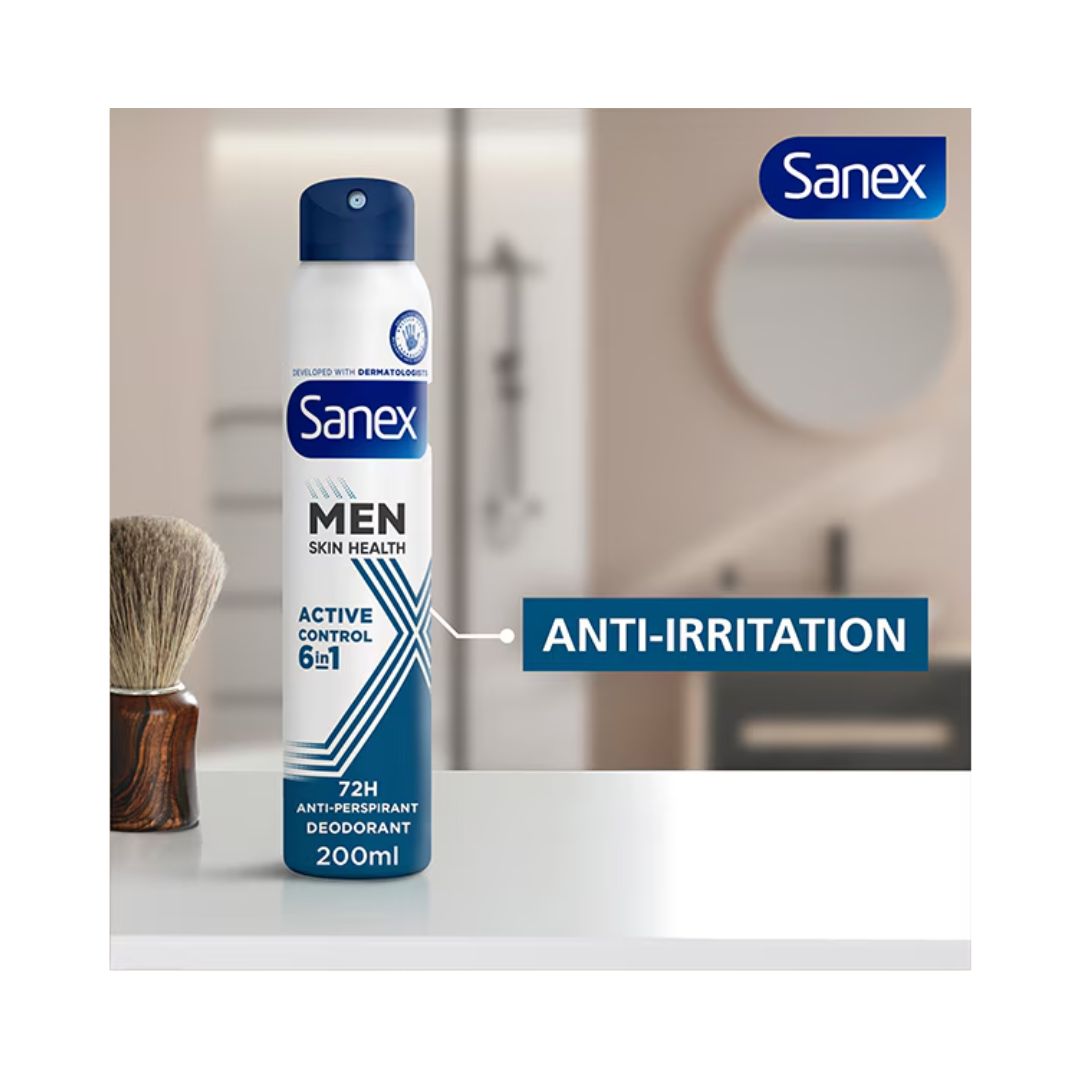 Sanex Men Active Control 72H Anti-Perspirant Aerosol 200ml can on a bathroom countertop with  a text box reading 'anti-irritation'