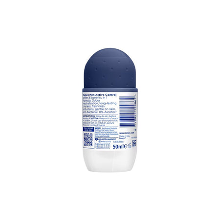 A 50ml roll-on deodorant bottle shown from the back, featuring a dark blue textured cap and a white body with blue text and barcode details.