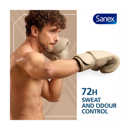 A man wearing beige Sanex boxing gloves in a fighting pose, with text reading '72H SWEAT AND ODOUR CONTROL' and the Sanex logo on a white background.