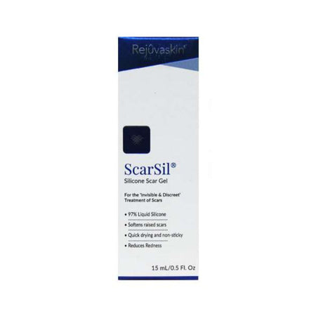 A tall white box of Rejovasklin ScarSil Silicone Scar Gel with blue branding and text, shown on a plain white background.