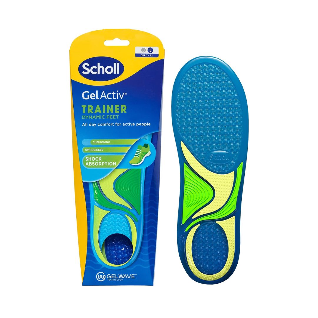 Scholl GelActiv Trainer Insole Size 7-12 insole and packaging on a white background