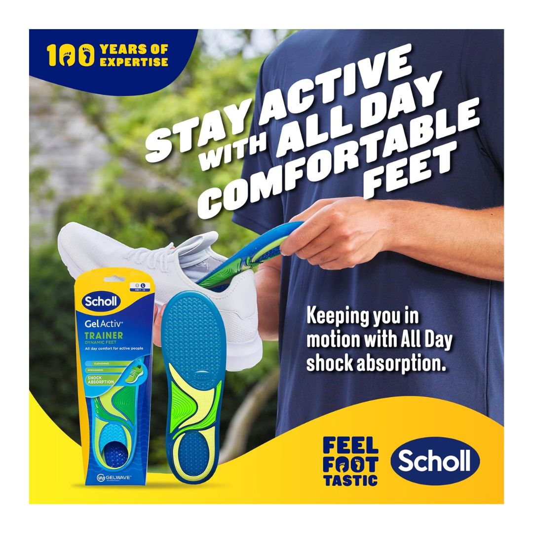 Scholl GelActiv Trainer Insole Size 7-12 'Stay active with all day comfortable feet' photo of a man putting the insole into a white shoe