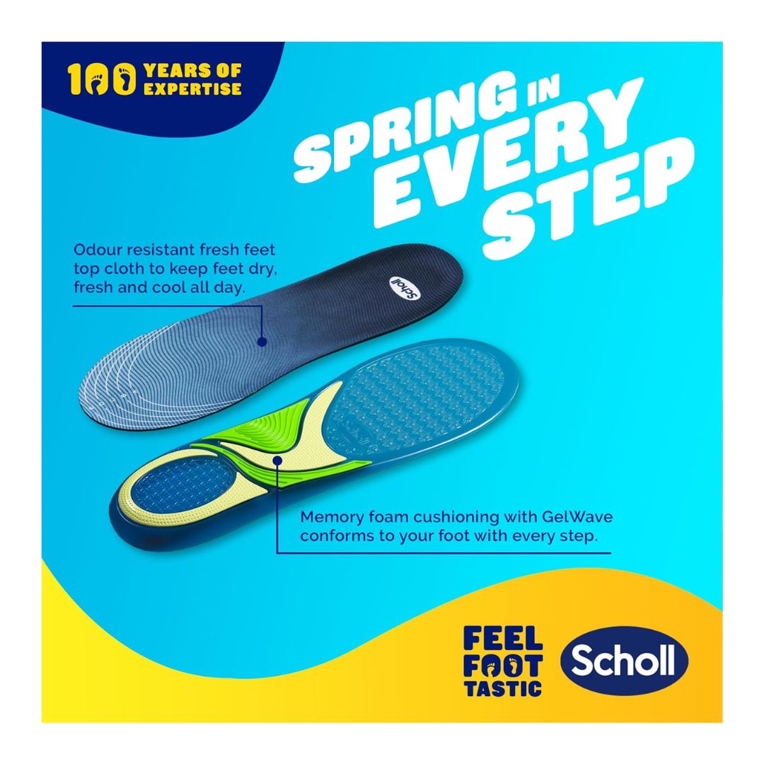 Scholl GelActiv Trainer Insole Size 7-12 'Spring in every step' graphic on a light blue background 