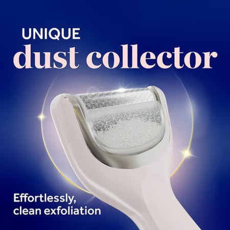 Dr. Scholl's Pedi Perfect Electronic Foot File 'unique dust collector' graphic on a blue background