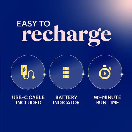 Dr. Scholl's Pedi Perfect Electronic Foot File 'easy to recharge' graphic on a blue background