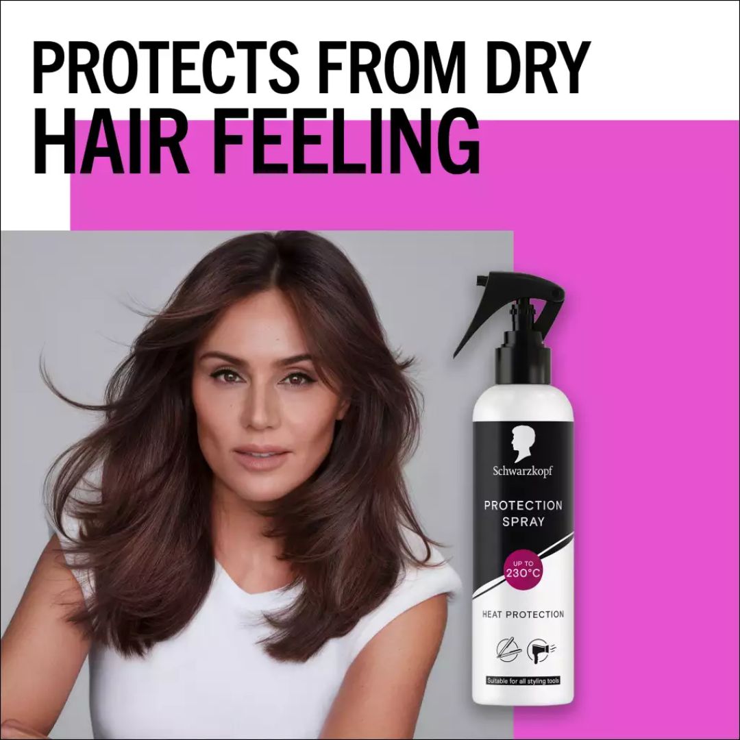 Schwarzkopf Protection Spray heat protectant bottle shown next to a woman with long brown hair, with text reading 'PROTECTS FROM DRY HAIR FEELING' on a white, gray, and bright pink graphic background.
