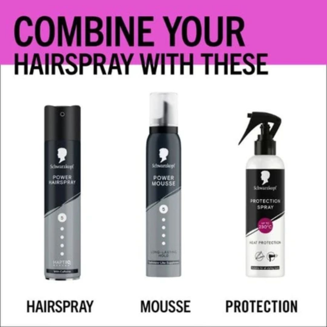 Three hair care products with labels for hairspray, mousse, and protection spray on a pink and white background.