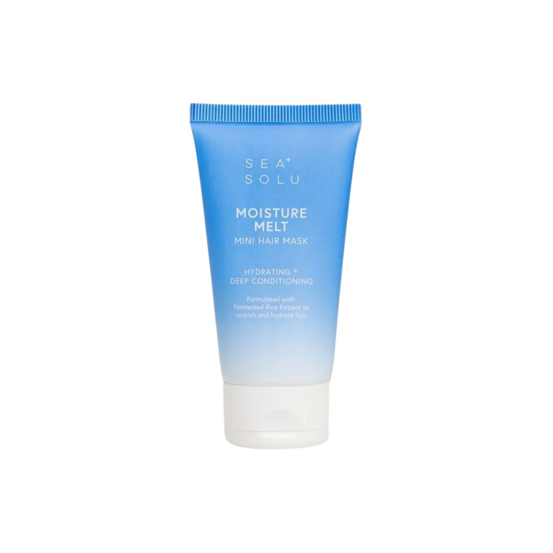 A tube of Sea Solu Moisture Melt Mini Hair Mask with a blue-to-white gradient design and a white cap, set against a plain white background.