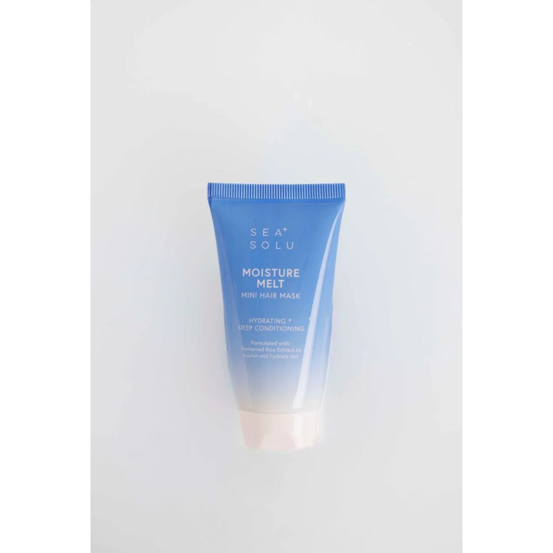 A tube of Sea+ Solu Moisture Melt Mini Face Mask, featuring a blue-to-white gradient design with white text, set against a light gray background.