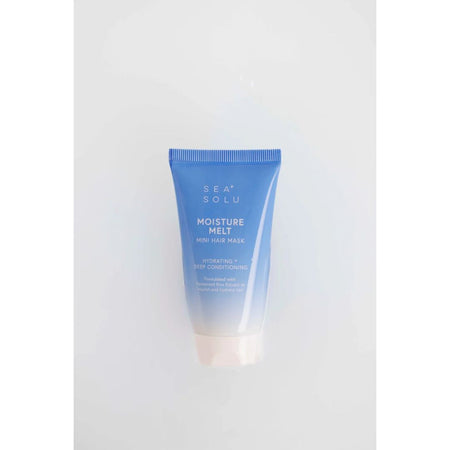 A tube of Sea+ Solu Moisture Melt Mini Face Mask, featuring a blue-to-white gradient design with white text, set against a light gray background.
