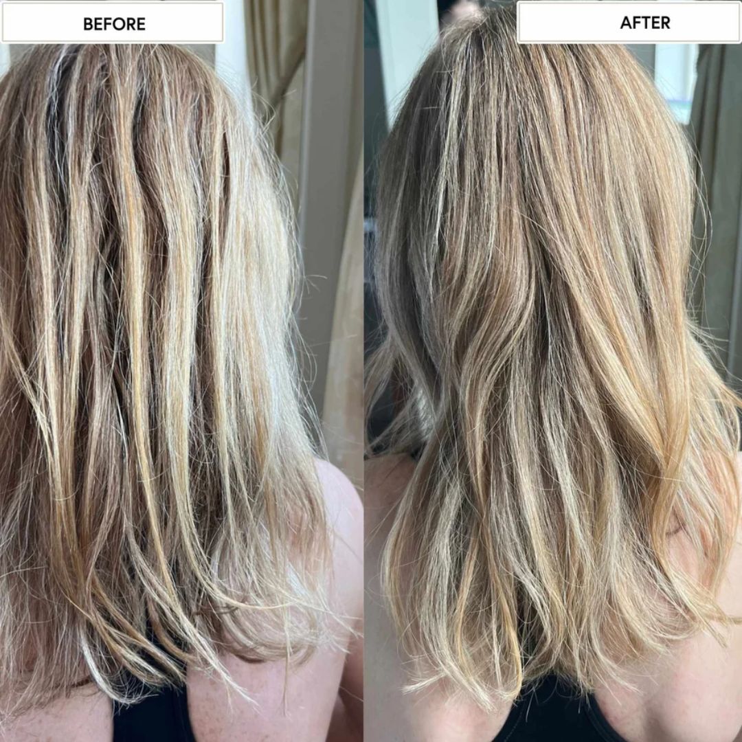 Before and after comparison of hair color treatment showing a person with blonde hair.