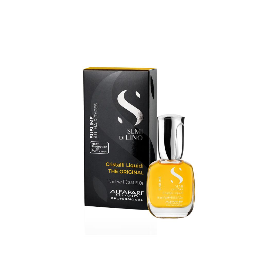 Alfaparf Semi di Lino Cristalli Liquidi The Original hair oil treatment bottle with a silver cap next to its black and yellow packaging box, on a white background.