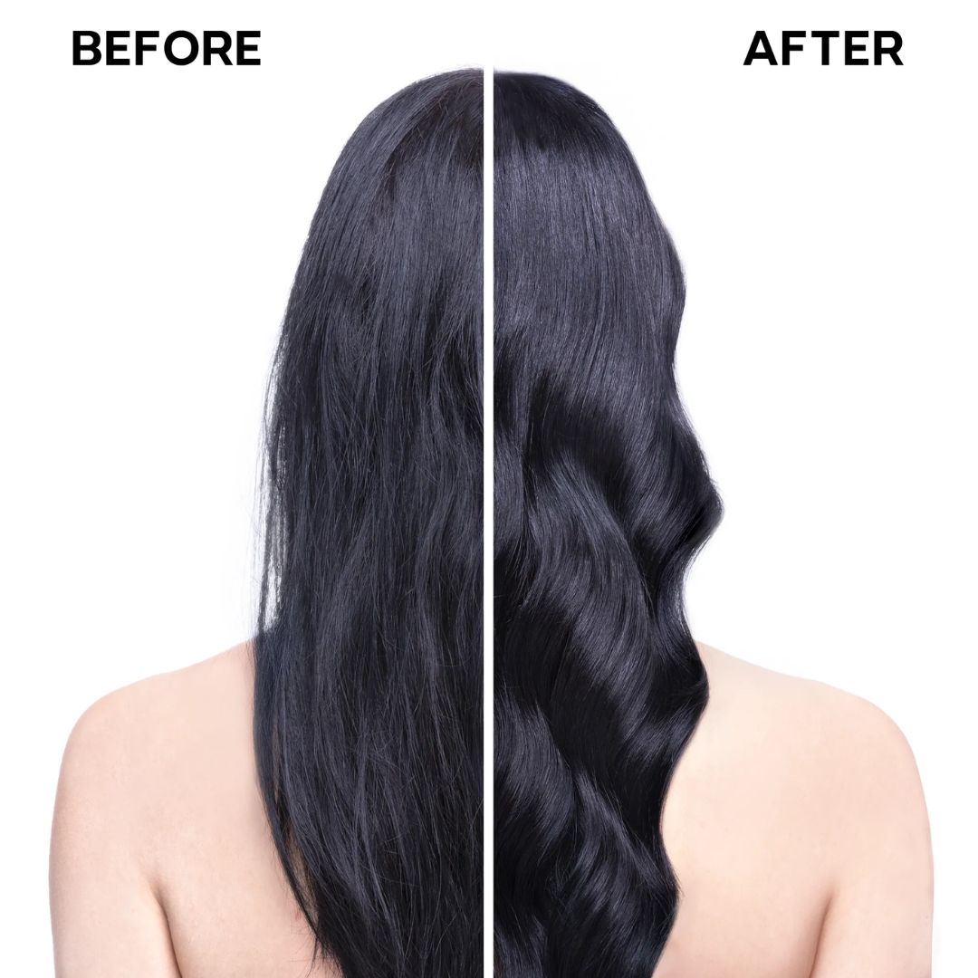 Before and after comparison of wavy hair on a person with a plain background