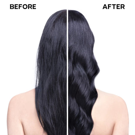 Before and after comparison of wavy hair on a person with a plain background