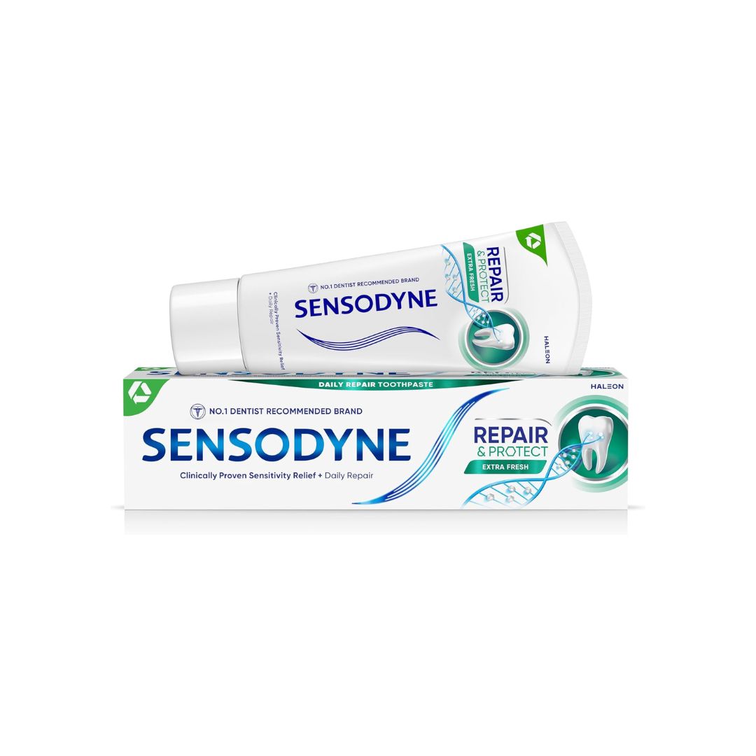 Two Sensodyne Repair & Protect toothpaste tubes on a white background