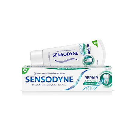 Two Sensodyne Repair & Protect toothpaste tubes on a white background