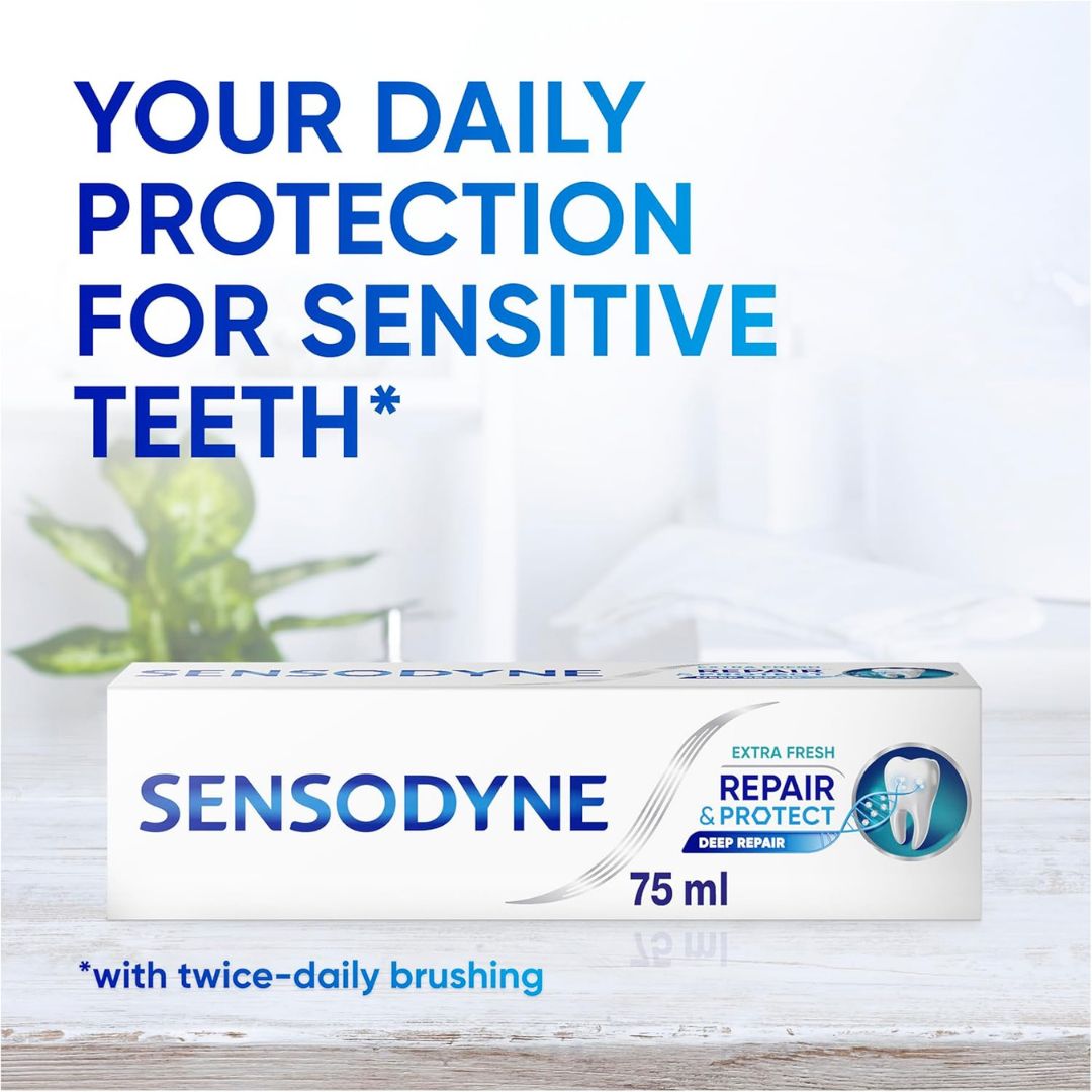 Sensodyne toothpaste box with text about daily protection for sensitive teeth on a light background.