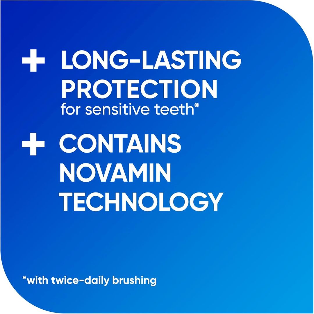 Blue label with white text about long-lasting protection for sensitive teeth and Novamin technology.