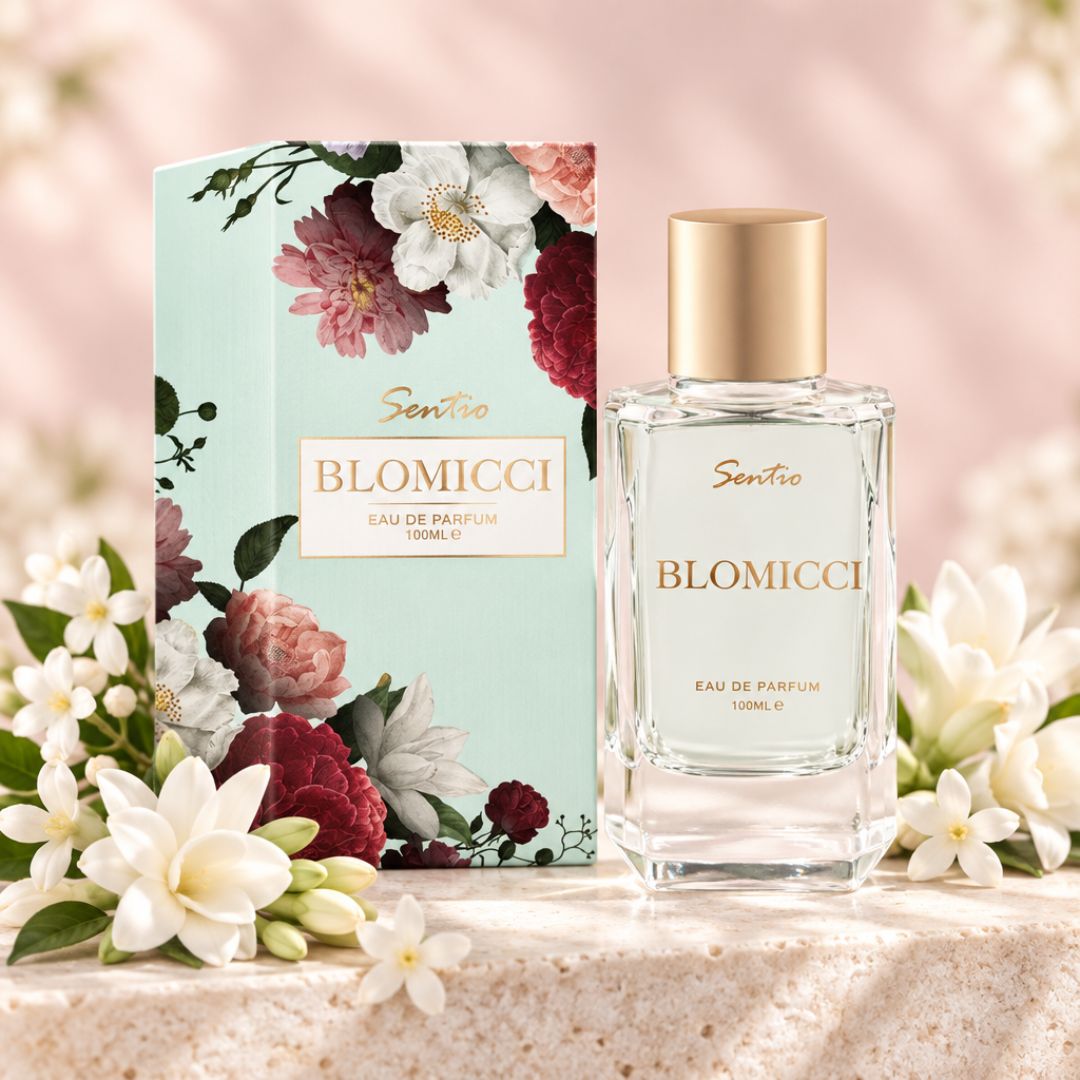 Sentio Blomicci 100ml EDP surrounded by flowers on a marble counter top
