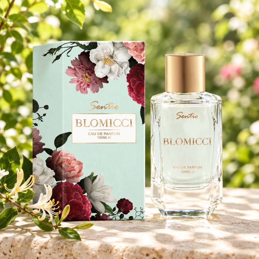 Sentio Blomicci 100ml EDP on a marble countertop with green foliage background